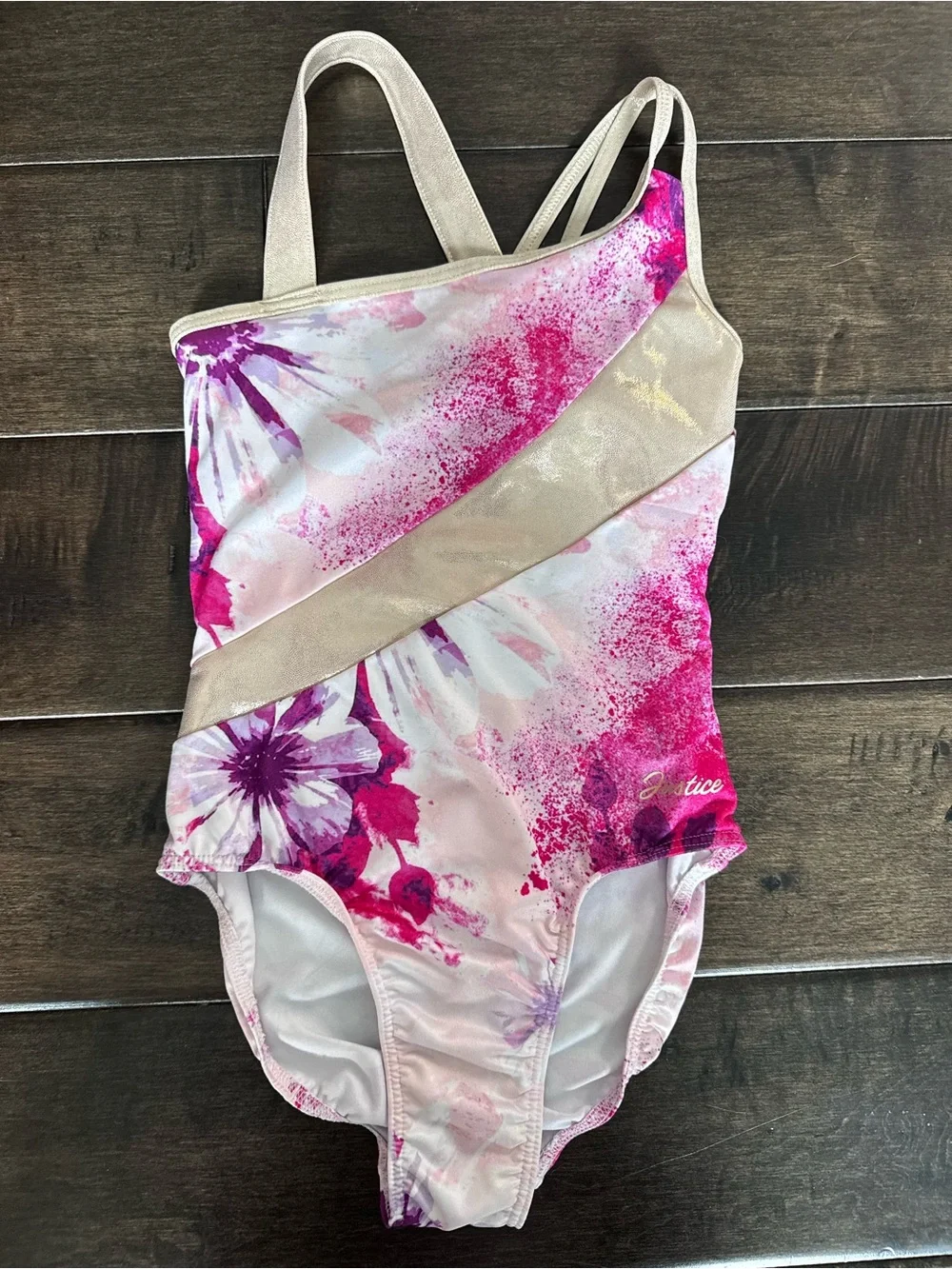 💜3/$15 Justice Girls Floral Foil Gymnastics Leotard Pink Purple Gold XS(5/6)